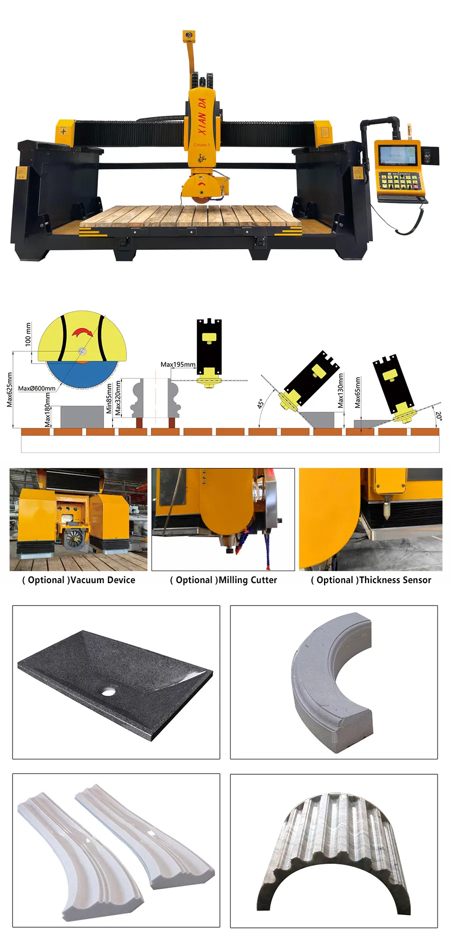 5-Axis CNC Bridge Saw Cutting Machine with 3400x2000mm Worktable and 0°-360° Head Rotation for Granite and Marble 0